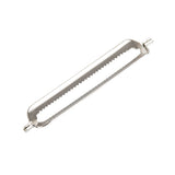 A metal tool with a long, straight serrated edge held between two rounded ends, often used as a butter curler or cheese slicer. This silver peeler features evenly spaced teeth along its blade section. The background is white.