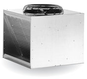 A metal industrial Condenser Unit designed for Outdoor Installation, featuring an angled vent on one side and a large circular fan on top. It boasts a boxy shape, metallic finish, and visible screws along the edges, set against a white background.