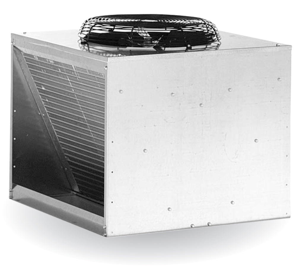 A square metal condenser unit with a vented side panel and a large black circular fan on top. Designed for outdoor installation, it has a plain, industrial look with visible screws and slightly reflective metallic surfaces against a white background.