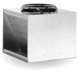A large, metallic condenser unit with a fan on top and grated vent on one side, designed for outdoor installation. Its simple, functional design features visible screws and a smooth metal surface, set against a plain white background.