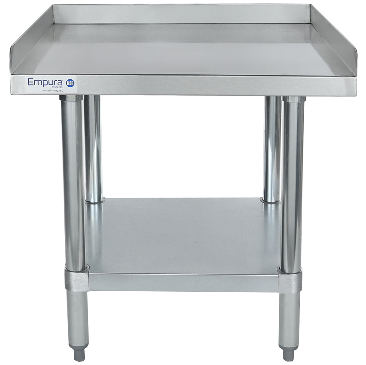 A stainless steel prep table with four legs, an under-shelf, and a backsplash along three edges of the top. NSF certified, the table features adjustable legs, a clean industrial design, and the Empura logo on the front left side.