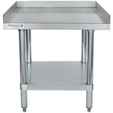 A stainless steel prep table with four legs, an under-shelf, and a backsplash along three edges of the top. NSF certified, the table features adjustable legs, a clean industrial design, and the Empura logo on the front left side.