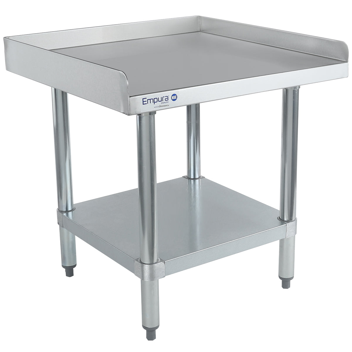 A stainless steel equipment stand with four sturdy legs, an undershelf, and raised edges on three sides. NSF certified, this Empura table features adjustable feet and is ideal for commercial kitchens.