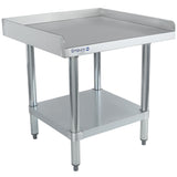 A stainless steel equipment stand with four sturdy legs, an undershelf, and raised edges on three sides. NSF certified, this Empura table features adjustable feet and is ideal for commercial kitchens.