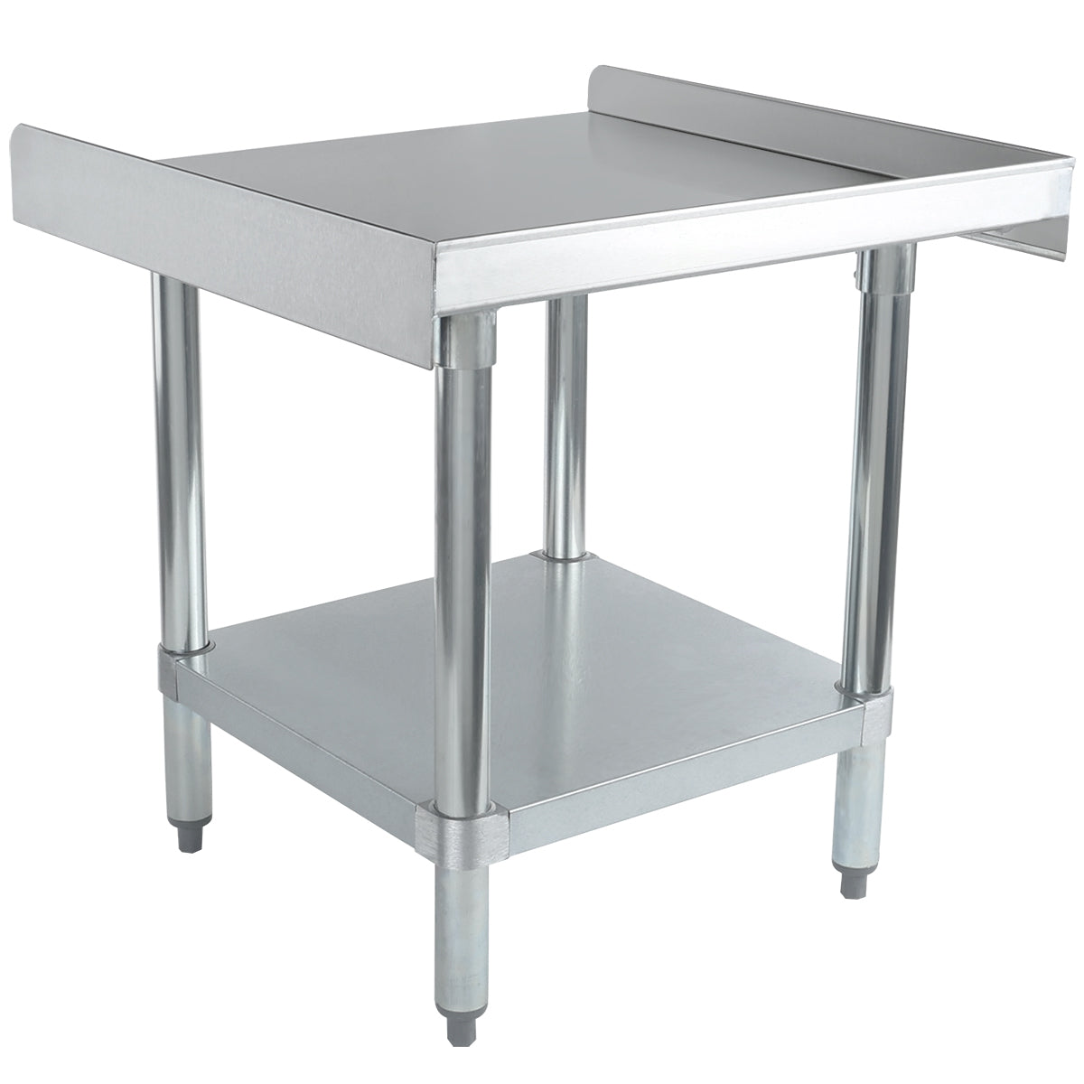 A stainless steel equipment stand with a smooth top surface, raised edges on three sides, four cylindrical legs, and an additional lower shelf. This NSF-listed table is perfect for industrial or kitchen use and stands on small adjustable feet.