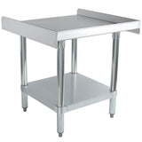 A stainless steel equipment stand with a smooth top surface, raised edges on three sides, four cylindrical legs, and an additional lower shelf. This NSF-listed table is perfect for industrial or kitchen use and stands on small adjustable feet.