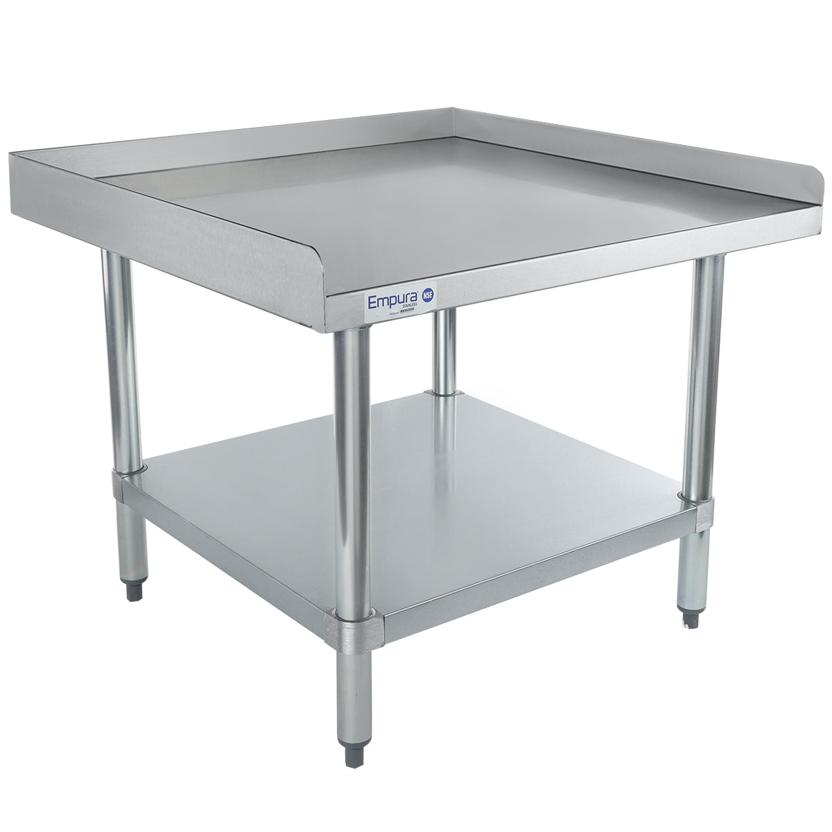 A stainless steel work table with NSF certification features a raised edge on three sides, a flat work surface, and a lower shelf. This Empura equipment stand has sturdy cylindrical legs, adjustable feet, and the brand logo on the front against a plain white background.