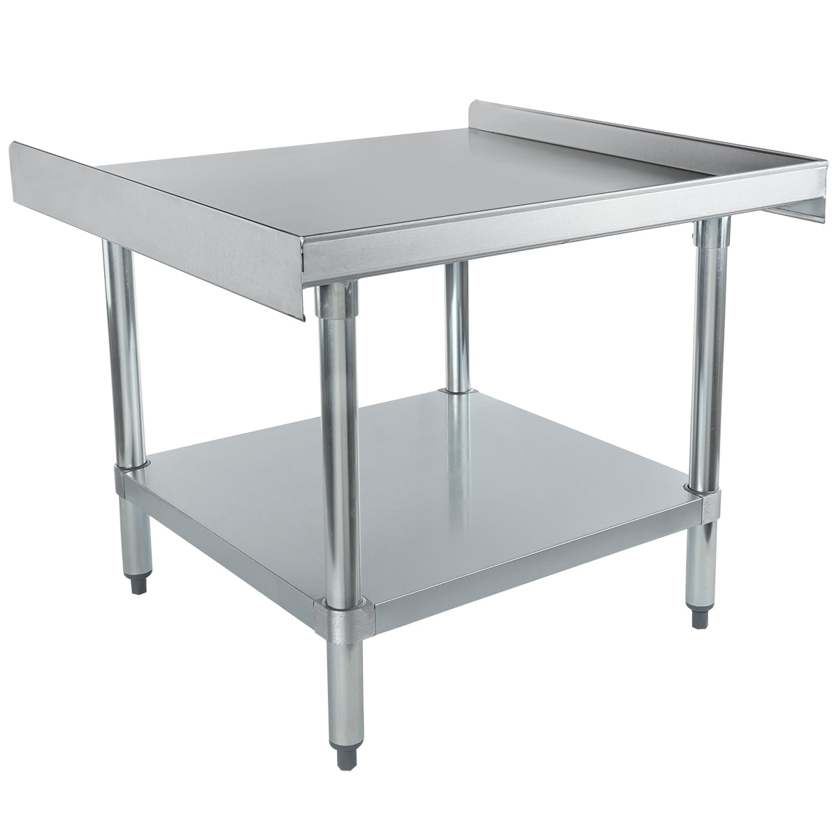 This NSF stainless steel equipment stand features a flat top with raised back and side edges, four cylindrical legs, and an undershelf for extra storage. Its clean, industrial design is ideal for commercial kitchens.