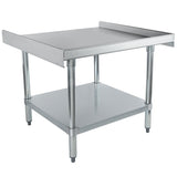 This NSF stainless steel equipment stand features a flat top with raised back and side edges, four cylindrical legs, and an undershelf for extra storage. Its clean, industrial design is ideal for commercial kitchens.