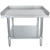 A sturdy NSF stainless steel work table with a raised edge on three sides, Empura logo on the left corner, round metal legs, and a lower shelf for storage. This industrial equipment stand is shown against a plain white background.