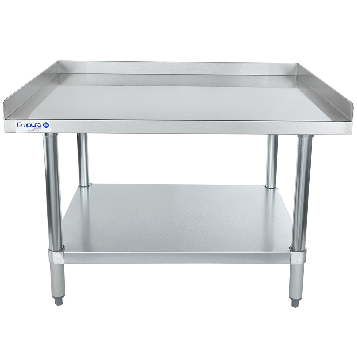 A stainless steel work table with NSF certification features a raised backsplash on three sides, four cylindrical legs, and a lower flat shelf. This Empura equipment stand offers smooth, metallic surfaces and the logo on the front left corner.