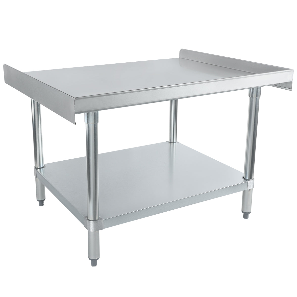 A stainless steel equipment stand with a backsplash on three sides, sturdy cylindrical legs, and an undershelf for extra storage. NSF certified, this industrial table is ideal for kitchens or workshops and stands on adjustable feet.