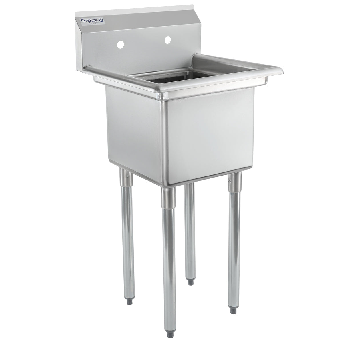 A commercial stainless steel sink with four cylindrical legs, a deep square basin, and a backsplash featuring two pre-drilled holes for faucet installation. Its clean, industrial design is perfect for any commercial or utility setting.