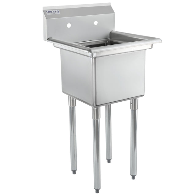 A commercial stainless steel sink with four cylindrical legs, a deep square basin, and a backsplash featuring two pre-drilled holes for faucet installation. Its clean, industrial design is perfect for any commercial or utility setting.