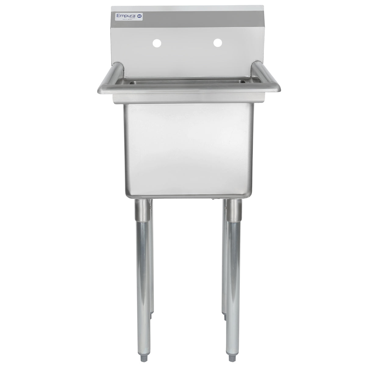 A commercial stainless steel sink with high backsplash, two wall-mounting holes, and two tall cylindrical legs. The deep rectangular basin features rounded corners and a label reading “Empura” on the upper left of the backsplash.