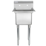 A commercial stainless steel sink with high backsplash, two wall-mounting holes, and two tall cylindrical legs. The deep rectangular basin features rounded corners and a label reading “Empura” on the upper left of the backsplash.