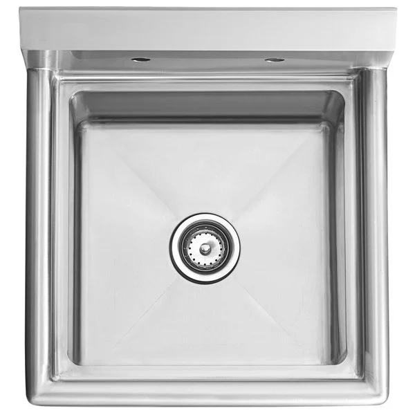 Square, deep stainless steel sink seen from above. This NSF sink has a flat rim, two faucet holes at the back, and a centered circular drain with a strainer in the middle. The interior features slightly sloped surfaces leading to the drain.