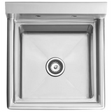 Square, deep stainless steel sink seen from above. This NSF sink has a flat rim, two faucet holes at the back, and a centered circular drain with a strainer in the middle. The interior features slightly sloped surfaces leading to the drain.