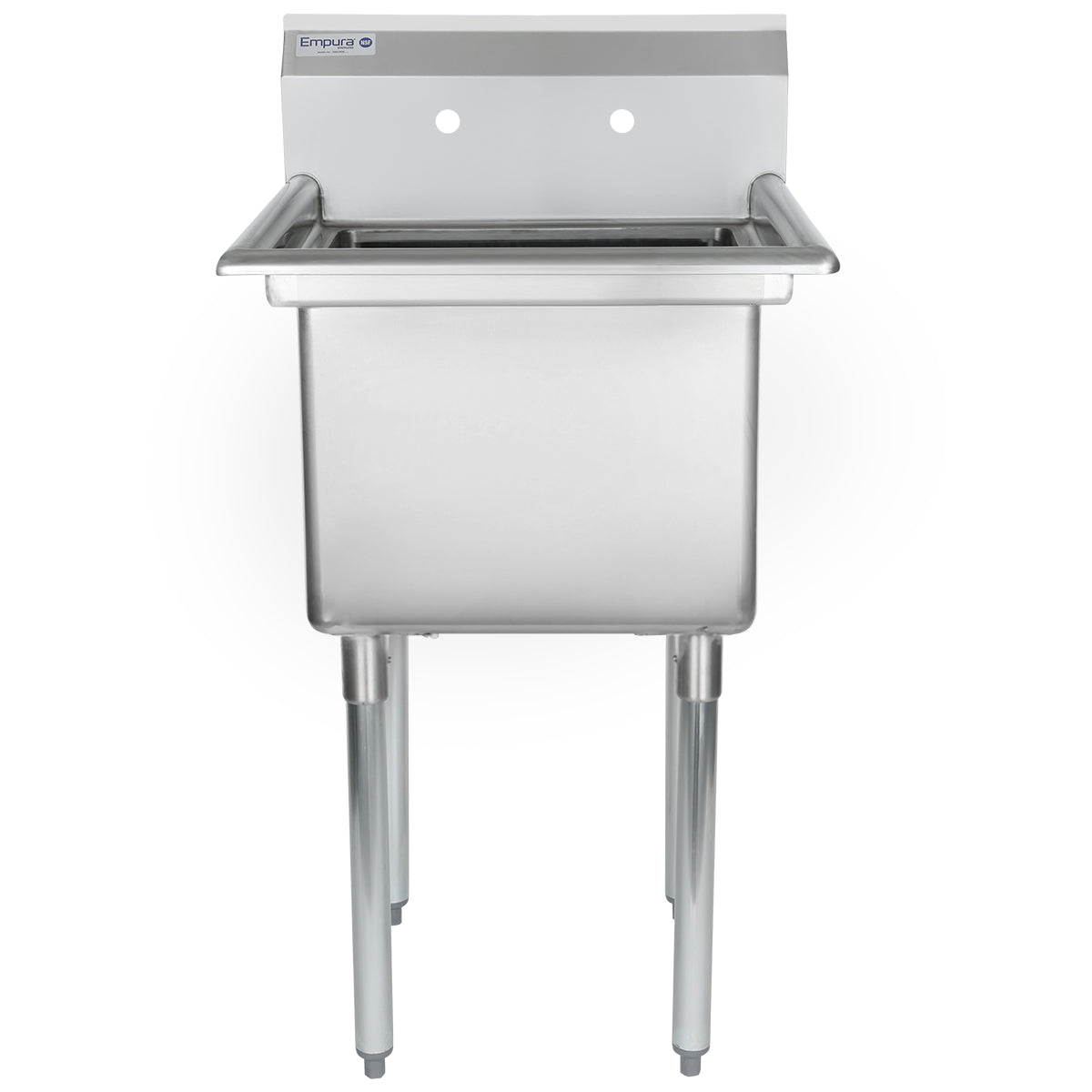 A stainless steel utility sink with a high backsplash, two faucet holes, and four sturdy legs. This NSF sink features a deep basin and is designed for commercial or industrial use. The smooth, shiny surface includes a label on the backsplash.