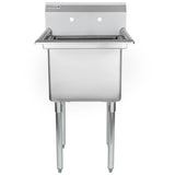 A stainless steel utility sink with a high backsplash, two faucet holes, and four sturdy legs. This NSF sink features a deep basin and is designed for commercial or industrial use. The smooth, shiny surface includes a label on the backsplash.