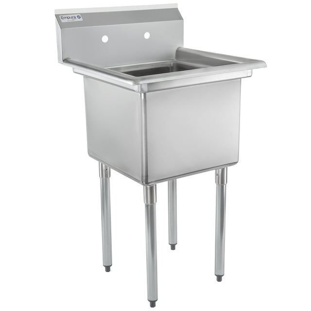 A commercial stainless steel sink with a deep square basin, four cylindrical legs, and a raised backsplash featuring two pre-drilled faucet holes. This NSF sink boasts a minimal, industrial design perfect for kitchen or maintenance use.