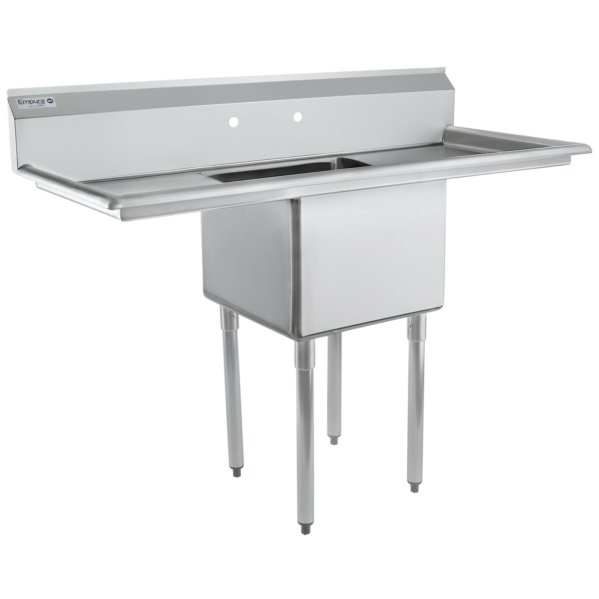 This Empura sink is a stainless steel commercial sink featuring four cylindrical legs, a deep rectangular basin, and two pre-drilled faucet holes. Raised edges, an integrated backsplash, and side workspaces offer added convenience in any kitchen.
