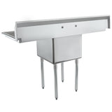 The Empura sink is a stainless steel commercial sink with four legs, an elevated rectangular backsplash, and two faucet holes. Its deep basin and sloped left-side drainboard make it ideal for washing or food prep in restaurant kitchens.