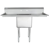 A stainless steel Empura sink with four legs, a deep single basin, integrated backsplash, and two faucet holes. The minimalist, industrial design makes this commercial sink ideal for kitchens or workspaces.