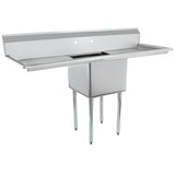 A commercial NSF sink with a deep rectangular basin, integrated backsplash, and two side drainboards. The stainless steel sink stands on four metal legs and has pre-drilled faucet holes, offering a utilitarian and industrial design.