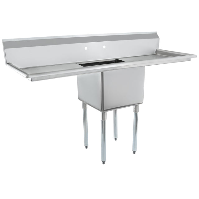 A commercial NSF sink with a deep rectangular basin, integrated backsplash, and two side drainboards. The stainless steel sink stands on four metal legs and has pre-drilled faucet holes, offering a utilitarian and industrial design.