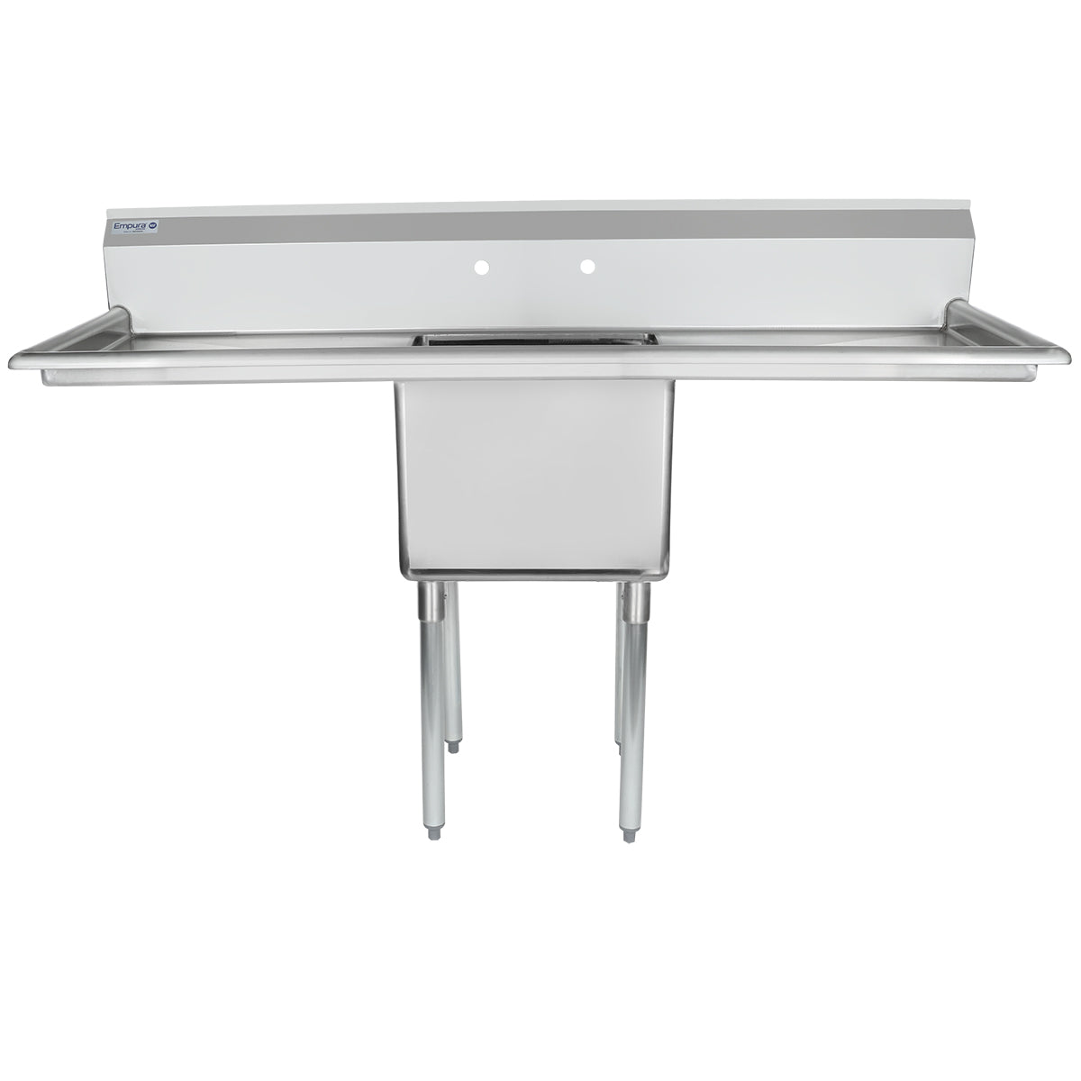 A stainless steel commercial sink with a deep rectangular basin, backsplash, and two faucet holes. This NSF sink features two sturdy metal legs in front and flat side surfaces for workspace or draining. The design is simple and industrial.