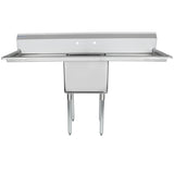 A stainless steel commercial sink with a deep rectangular basin, backsplash, and two faucet holes. This NSF sink features two sturdy metal legs in front and flat side surfaces for workspace or draining. The design is simple and industrial.