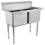 A stainless steel 2 compartment sink with deep rectangular basins, a high backsplash with two faucet holes, and sturdy tubular legs. This NSF sink is clean and empty, perfect for food service or industrial use.