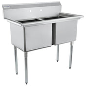 A stainless steel 2 compartment sink with deep rectangular basins, a high backsplash with two faucet holes, and sturdy tubular legs. This NSF sink is clean and empty, perfect for food service or industrial use.