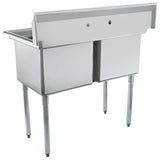 A stainless steel NSF sink, this two-compartment commercial unit features a high backsplash and sturdy legs. With an angular design and two faucet holes, it’s ideal for any industrial or restaurant kitchen.