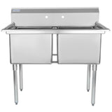 A stainless steel sink with two deep rectangular basins, backsplash with faucet holes, and sturdy legs. This NSF 2 compartment sink is simple, functional, and built for heavy-duty commercial kitchen use, with an open area beneath the basins.