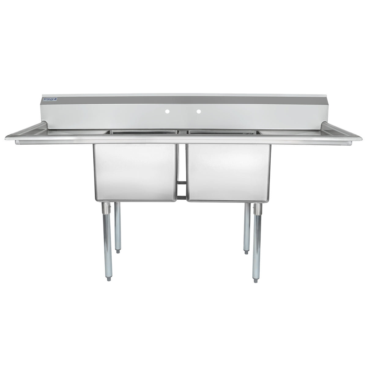 A stainless steel two compartment sink with deep rectangular basins, a high backsplash, and drainage boards on both sides. This NSF sink is supported by four sturdy legs and features pre-drilled holes for faucets above the basins.