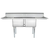 A stainless steel two compartment sink with deep rectangular basins, a high backsplash, and drainage boards on both sides. This NSF sink is supported by four sturdy legs and features pre-drilled holes for faucets above the basins.