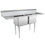 A commercial NSF stainless steel sink with two deep square basins, a high backsplash, and four sturdy legs. This two compartment sink features flat side drainboards on both ends, perfect for kitchen or industrial use.