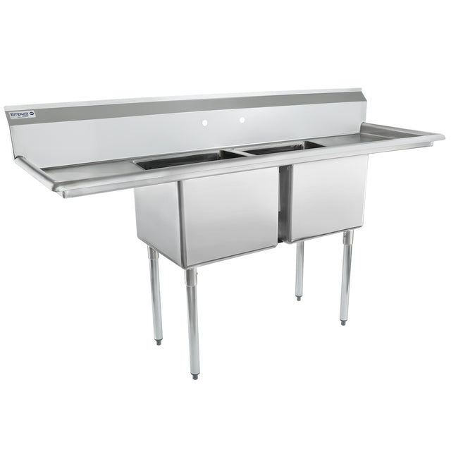 A commercial NSF stainless steel sink with two deep square basins, a high backsplash, and four sturdy legs. This two compartment sink features flat side drainboards on both ends, perfect for kitchen or industrial use.