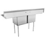 A large NSF stainless steel two compartment sink with deep rectangular basins, four cylindrical legs, and a high backsplash. The flat side tray on the left makes it ideal for industrial or restaurant kitchens.