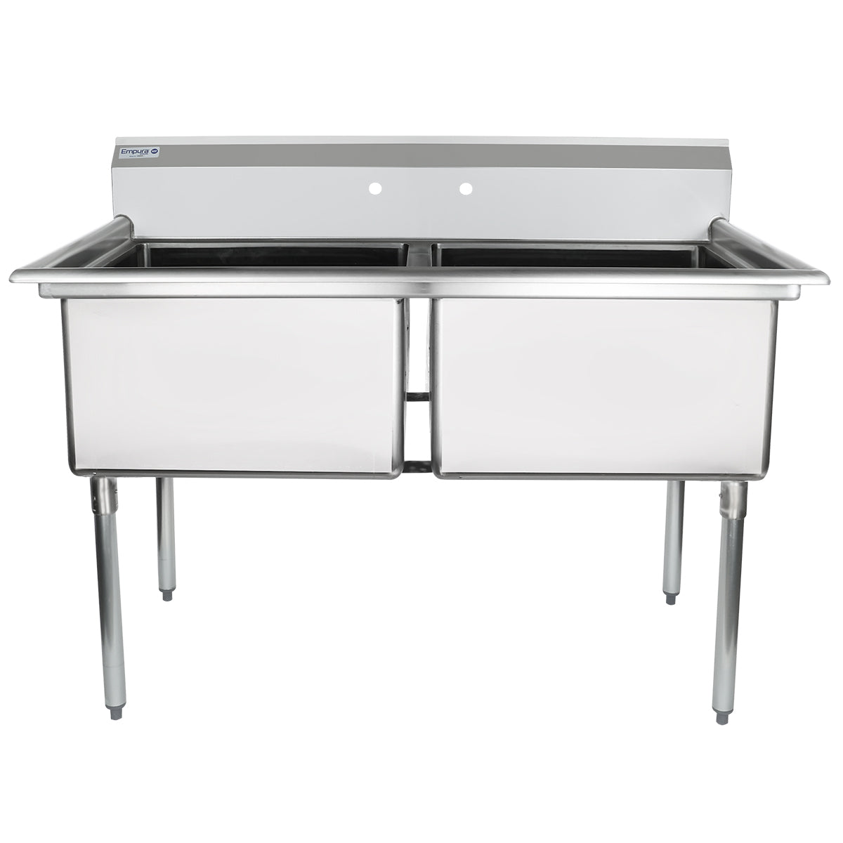 A stainless steel two compartment sink with a backsplash and two faucet holes, supported by four sturdy legs. This commercial kitchen sink offers a simple, functional design ideal for restaurant or industrial kitchens.