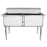 A stainless steel two compartment sink with a backsplash and two faucet holes, supported by four sturdy legs. This commercial kitchen sink offers a simple, functional design ideal for restaurant or industrial kitchens.