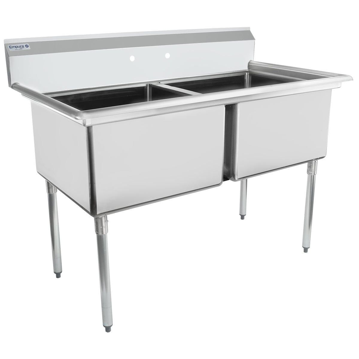 A commercial kitchen sink featuring a stainless steel, double-compartment design with a backsplash and four sturdy legs. Each deep, rectangular compartment includes pre-drilled faucet holes above the back panel.
