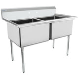 A commercial kitchen sink featuring a stainless steel, double-compartment design with a backsplash and four sturdy legs. Each deep, rectangular compartment includes pre-drilled faucet holes above the back panel.