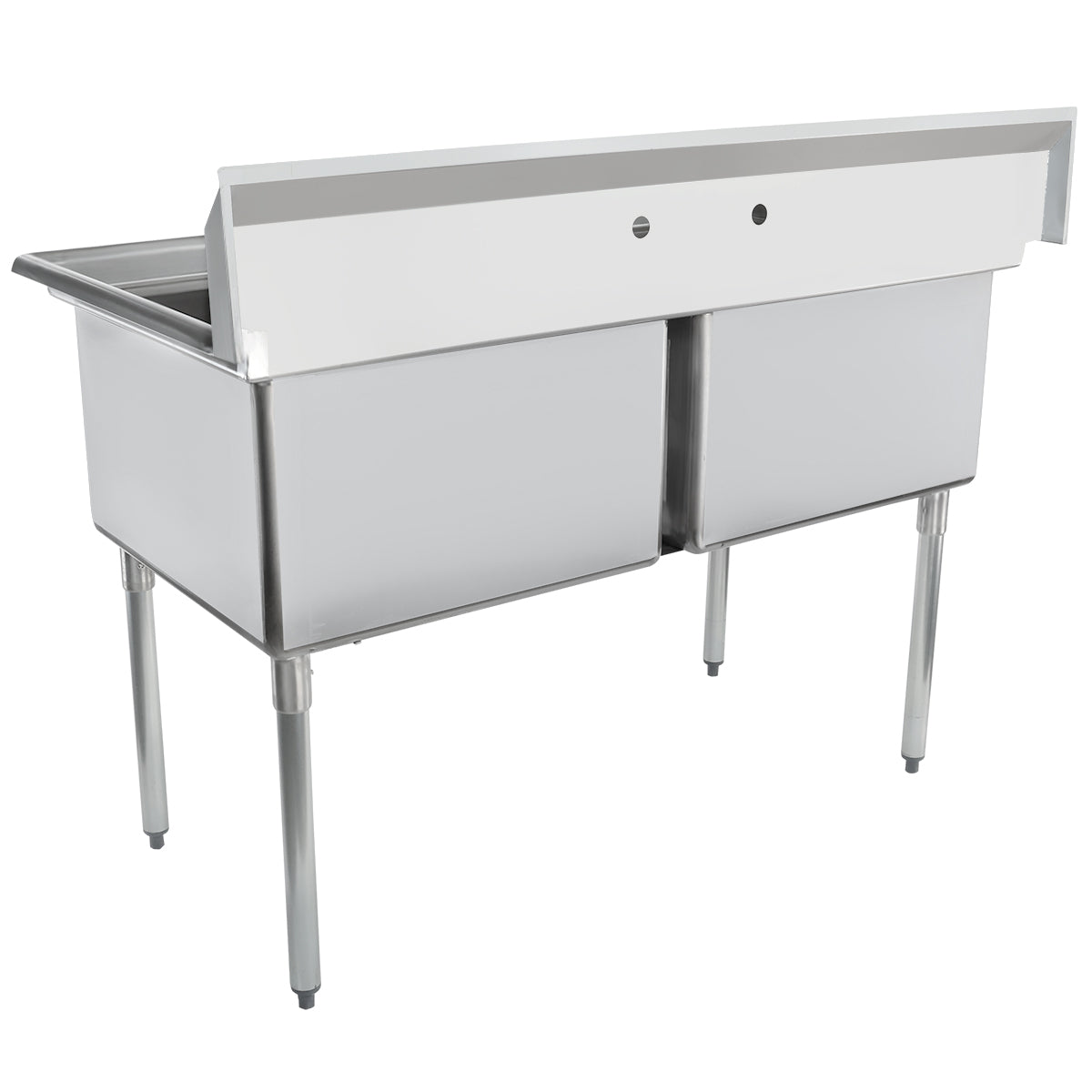 A modern, industrial stainless steel two compartment sink with tall backsplash, two deep bowls, and four cylindrical legs. Open at the front beneath the basins, this commercial kitchen sink reveals its sturdy understructure and is empty.
