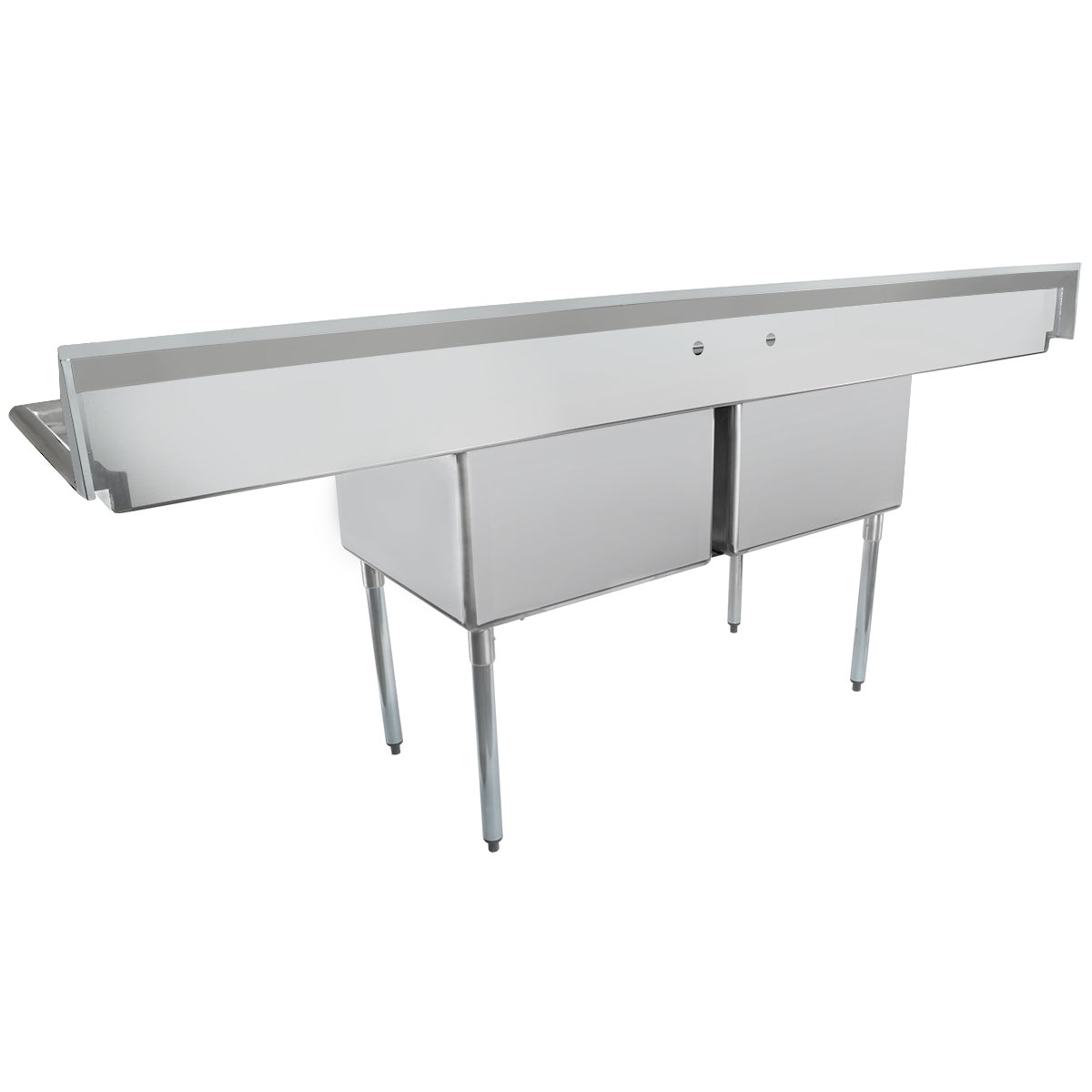 A large stainless steel 2 compartment sink with deep basins, four sturdy legs, and a raised backsplash. Perfect for any commercial kitchen, it features a clean, reflective surface and minimalist construction ideal for industrial or restaurant use.