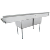 A large stainless steel 2 compartment sink with deep basins, four sturdy legs, and a raised backsplash. Perfect for any commercial kitchen, it features a clean, reflective surface and minimalist construction ideal for industrial or restaurant use.