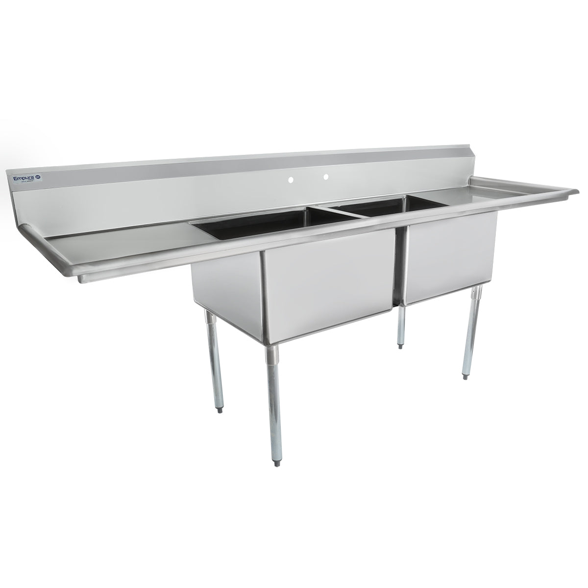 A large stainless steel 2 compartment sink with deep rectangular basins, long side drainboards, tall backsplash, and sturdy metal legs. Perfect for heavy-duty use in any restaurant or commercial kitchen.