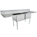 A large stainless steel 2 compartment sink with deep rectangular basins, long side drainboards, tall backsplash, and sturdy metal legs. Perfect for heavy-duty use in any restaurant or commercial kitchen.